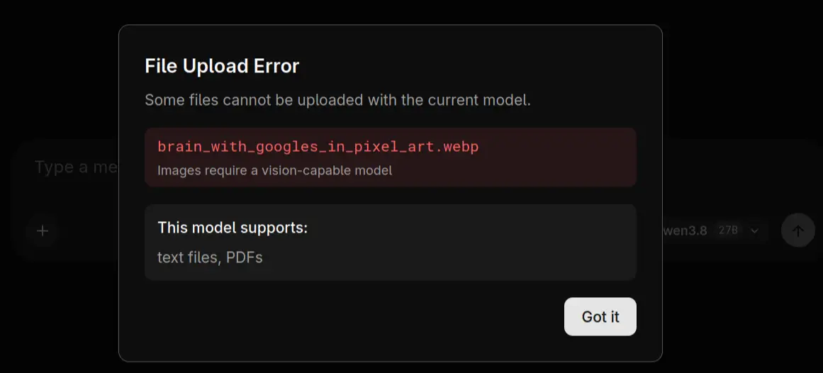 Llama.cpp UI showing the error: 'Images require a vision-capable model'.